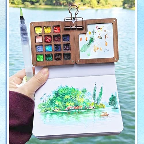 Pocket Artist Watercolor Travel Paint Palette, Mini Wooden Kit with Clip - color: 24 Colors 15 Grid Set