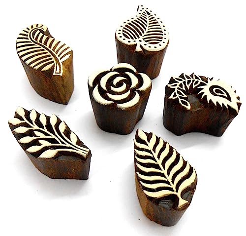 Craftsofindia® Flowers and Leaf Wooden Blocks Stamps for Printing on Textiles, Pottery Crafts,Henna, Scrapbooking (Set of 6) - size: Pack # 105