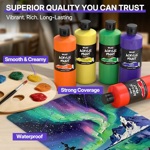 WUO 18 Colors Acrylic Paint Set, 250ml/8.45oz Professional Acrylic Paint | Large Bulk Rich Pigment Non-Toxic Multi-Surface Art Supplies for Artists Beginners Adults on Canvas Wood Rock Ceramic Crafts - color: 18 Colors