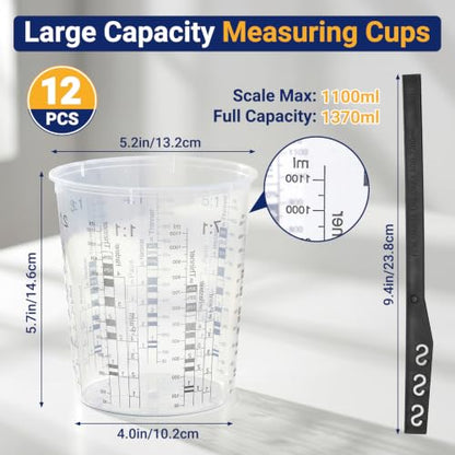 12 Pack 37oz 1100ml Clear Plastic Paint Mixing Cups with 12 Stir Sticks - Disposable Graduated Measuring Cups for Paint, Resin & Epoxy with ML Scale & 3-Column Ratios (1:1-7:1) for DIY Crafts - size: 37oz / 1100ml