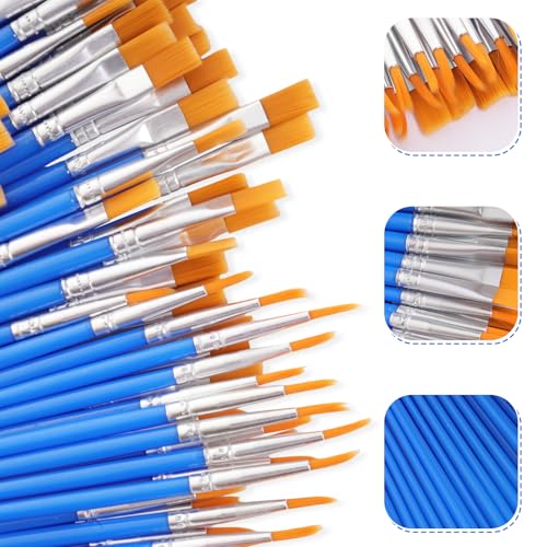 100 Pcs Acrylic Paint Brush Set Nylon Hair Round Flat Tip Paint Brushes Bulk for Classroom Crafts Oil Watercolor Painting Artist Professional Kits