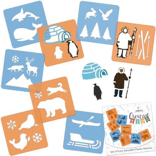 NAKLEO Painting Stencils for Kids, 8 Pcs Set 6x6” Arctic Antarctica, Children Creative Drawing Templates Plastic and Reusable, DIY Decoration Arts and Crafts, Paper Wall Wood Fabric - color: Arctic