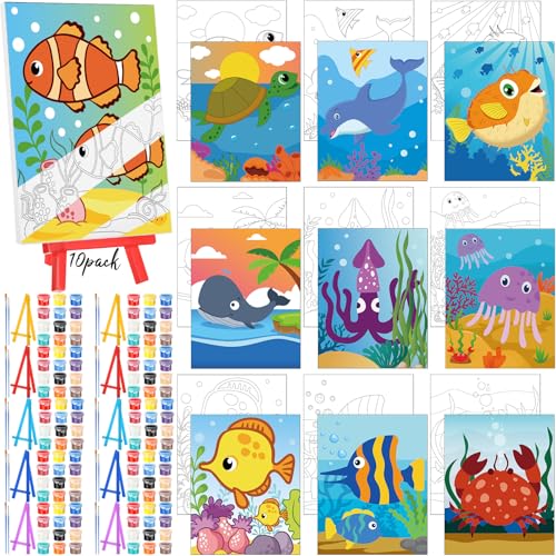 Blosssound 10 Set Pre Printed Canvas Pre Drawn Canvas Painting with Easel Kits 5" x 7" Outline Painting Panels for Beginners, DIY Craft Project, Home Decors(Ocean) - style: Ocean