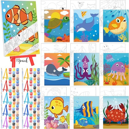 Blosssound 10 Set Pre Printed Canvas Pre Drawn Canvas Painting with Easel Kits 5" x 7" Outline Painting Panels for Beginners, DIY Craft Project, Home Decors(Ocean) - style: Ocean