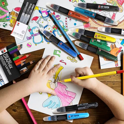 Marabu Mixed Media Drawing Set - 20 Sheets Watercolor Paper, 12 Watercolor Pencils with 10 Watercolor Crayons and Water-Fillable Brush Set - The Ultimate Landscape Adventure