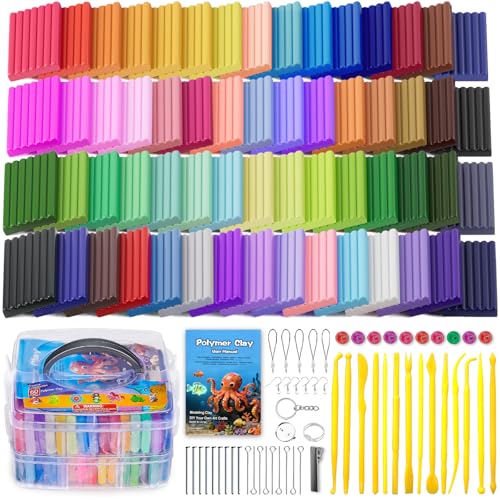 Ixiaoyoo 60 Colors Polymer Clay, Oven Bake DIY Modeling Clay for Kids | Easy to Shape, Non-Sticky, Model Clay Toys with Sculpting Tools, Art Supply for School Project, Home Decor, Gift for Artists - color: 60 Colors