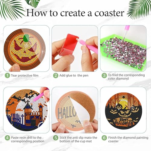 DOTSOPS 6 Pcs Halloween Diamond Art Kits for Adults Diamond Art Coasters - color: A-Halloween