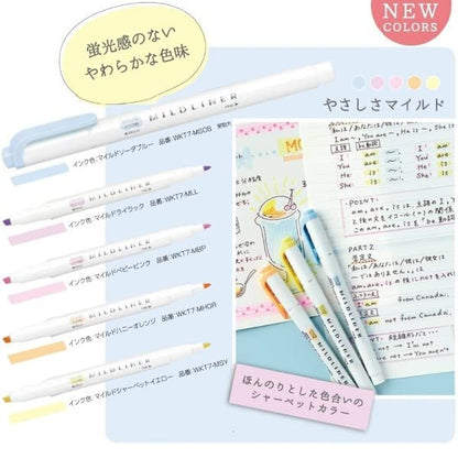 Zebra Line Marker, Thick & Fine Water Based Pigment, Mildliner, 5 Colors, WKT7-5C-YC