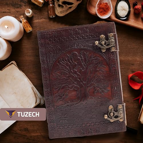600 Pages Handmade Large Leather Journal Diary Embossed Tree of Life Book Of Shadows Notebook Writing Seven Chakra Grimoire Sketchbook 7 x 10 Leather Bound (Brown) - color: Brown