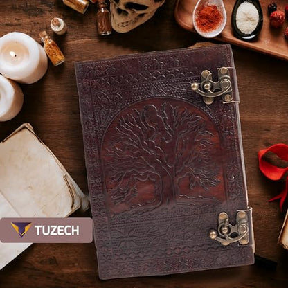 600 Pages Handmade Large Leather Journal Diary Embossed Tree of Life Book Of Shadows Notebook Writing Seven Chakra Grimoire Sketchbook 7 x 10 Leather Bound (Brown) - color: Brown