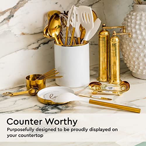 STYLED SETTINGS White Utensil Holder with Built-In Ceramic Spoon Rest | 2-Piece White and Gold Spatula Holder, Kitchen Accessory, Utensils Not Included, White & Gold - color: White & Gold