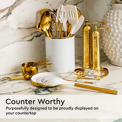 STYLED SETTINGS White Utensil Holder with Built-In Ceramic Spoon Rest | 2-Piece White and Gold Spatula Holder, Kitchen Accessory, Utensils Not Included, White & Gold - color: White & Gold