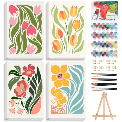 Okarina 4 Pack Paint by Numbers Kit for Adults with Frame, Easy Flower | DIY Acrylic Painting Kit with Wooden Easel, Framed Paint by Number for Beginners, Home Wall Decor & Gift, 8 x 12 Inch - color: OP4FUS2506-03