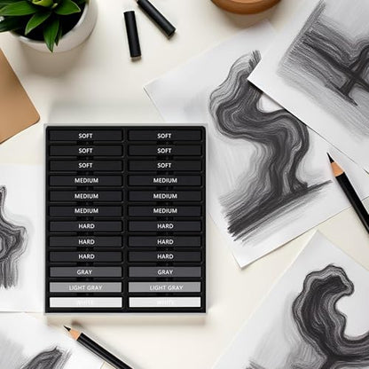 24 Pcs Compressed Charcoal Sticks with Soft, Medium, Hard and White Charcoal, Square Vine Charcoal Stick Kit for Drawing, Sketching and Shading, Art Supplies for Artists Beginners
