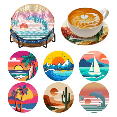 Zynlio Sunset Diamond Paintings Coasters Kits Set with Holder,Diamond Art, DIY Diamond Crafts Coasters for Adults, Diamond Art Painting Kits for Women, Beginners, Diamond Craft Supplies - color: sunset