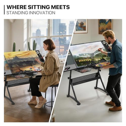 Adjustable Height Drafting Table with Stool, Modern Style, Tough Glass Top, 28-36 in Length, 19 in Width, 30 in Height, Ideal for Artists, Designers, Office, Studio | Tough Glass Top, 28-36 in Length, 19 in Width, 30 in Height, Ideal for Artists, Designer