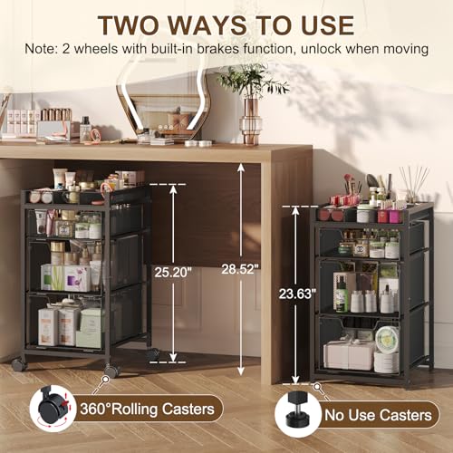 JKsmart Rolling Makeup Cart Organizer with 3 Drawers, Cosmetics Display with Dividers, Floor Skincare Storage with Wheels, Versatile Vanity Organizer for Nail Polish Perfume Brush Hair Tool, Black - color: Black, size: 4 Tier with 3 Drawers