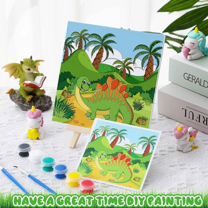 Tenceur 12 Sets Pre Drawn Canvas to Paint Adult Stretched Coloring Painting Canvas Panels with Design Easel and Brushes for Party Supplies Beginner Favor(Dinosaur) - style: Dinosaur