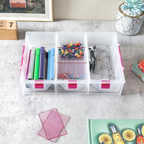 MyGift 11 Inch Clear Arts and Crafts Stackable Container, Sewing Supplies Storage Organizer Case with Pink Accents, 24 Customizable Compartments, and 6 Drawers with Removable Dividers - color: Pink