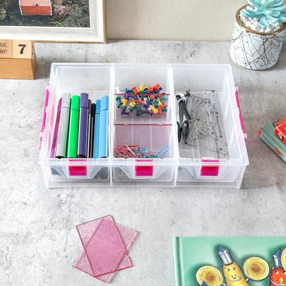 MyGift 11 Inch Clear Arts and Crafts Stackable Container, Sewing Supplies Storage Organizer Case with Pink Accents, 24 Customizable Compartments, and 6 Drawers with Removable Dividers - color: Pink