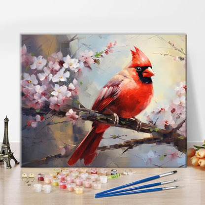 TUMOVO Red Bird Paint by Numbers Craft Kit for Adults | Animals Art on 16x20 Inch Unframed Canvas with Acrylic Paints and 3 Brushes Relaxing DIY Craft and Wall Decor