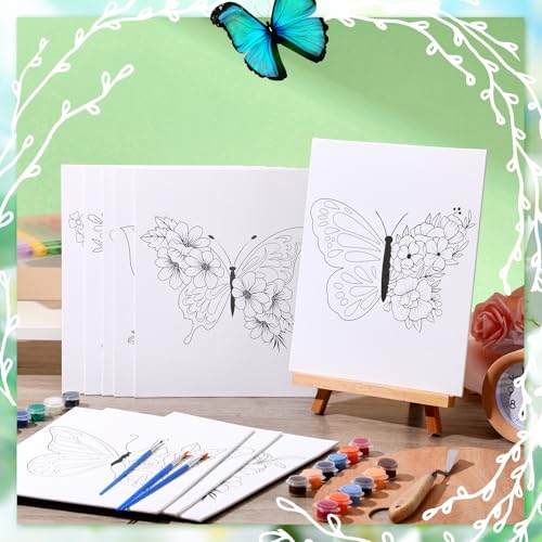 Affrolling 12 Pcs Pre Drawn Canvas for Painting for Adults 8 x 8 Inch Canvas Painting Kits Stretched with Drawing Ready to Paint Beginner Artists Date Night Party Supplies(Butterfly) - style: Butterfly