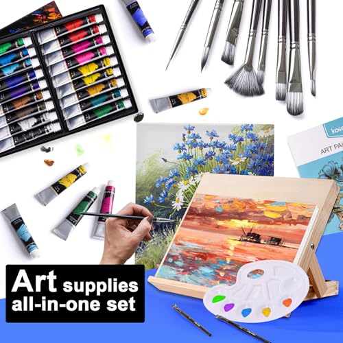 koseibal Acrylic Paint Set with Tabletop Easel and Canvas for Kids, Adults | Complete Painting Supplies Kit 18 Vibrant Acrylic Colors, 8 Art Brushes, 4 Blank Stretched Canvas - color: 18x22ml+Easel-L