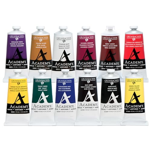 Grumbacher Academy Professional Acrylic Paint Set of 12 90ml Multi Colors - Metal Tubes - Heavy Body Professional Grade Artist Paint with Genuine and Pure Pigments - ASTM Lightfast Colors