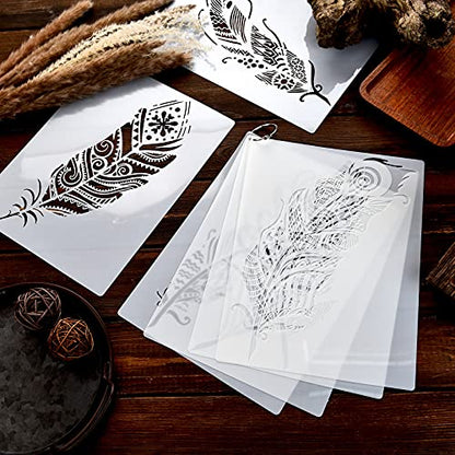6 Pieces Decorative Mandala Feather Stencil Reusable Mandala Painting Templates Beautiful Stencils Metal Open Ring for Painting on Wood Wall Decor