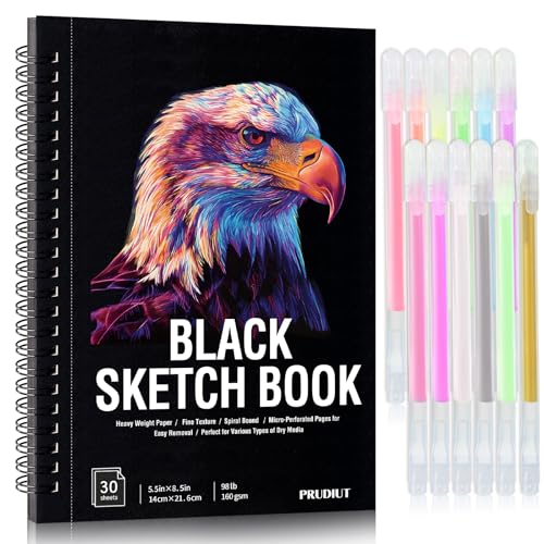Black Sketchbook Set with 12 Gel Pens, 30 Sheets, 5.5 × 8.5 in | 160gsm Acid-Free Paper, Spiral Bound, Lays Flat, Tear-Out Pages, for Kids, Teens, And Artists - size: 5.5×8.5in Set