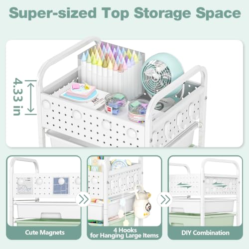 4 Drawer Rolling Storage Cart with Pegboard Top and Hooks, Gradient Green - color: Gradient Green, size: 4-Drawers