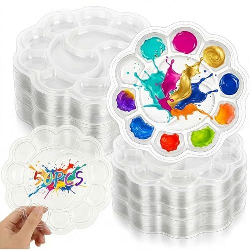 Paint Tray Palettes, 50 Pack, One Time Use Plastic, Transparent 5.9 Inch | Mini Watercolor Painting Palettes for Students, Kids, Paint Holder, DIY Craft Class, Paintings - color: Transparent