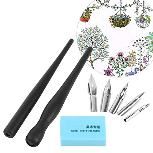 Manga Pen Cartoon Comic Pen Nib Drawing Tools Comic Dip Pen Set with 2 Black Pen Holders 5 Nibs 1 Drawing Eraser