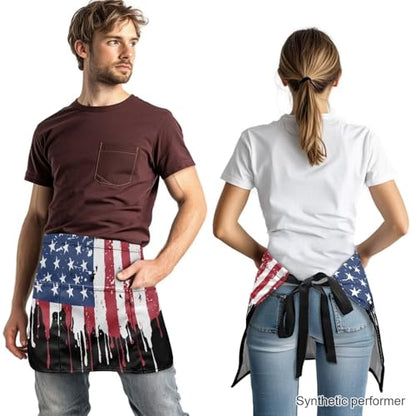 Waist Apron with 3 Pockets Waterproof 13 Inch Short Half Waist Aprons Women Men Server Aprons Waitress Waiter Apron - color: American Flag