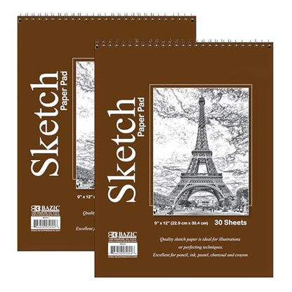 BAZIC Products Spiral Sketch Pad, Top Bound, 9 x 12 in, 30 Sheets, 2-Pack - color: 30 Sheets - 9"x12", size: 2-Pack