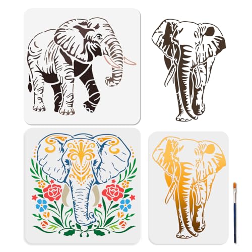 MAYJOYDIY 3Pcs African Elephant Stencils Mandala Elephant Painting Stencil 11.8×11.8/11.7×8.3inch Reusable Wildlife Drawing Template with Paint Brush for Craft on Window Wood Wall Home Decor - style: African Elephant