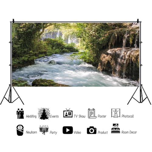 15x10ft Vinyl Green Forest Backdrops for Photography Background Mountain and Water Landscape Beautiful Waterfall and River Ancient Tree Outdoor Explore Holiday Backdrop Photo Studio - size: 15x10ft