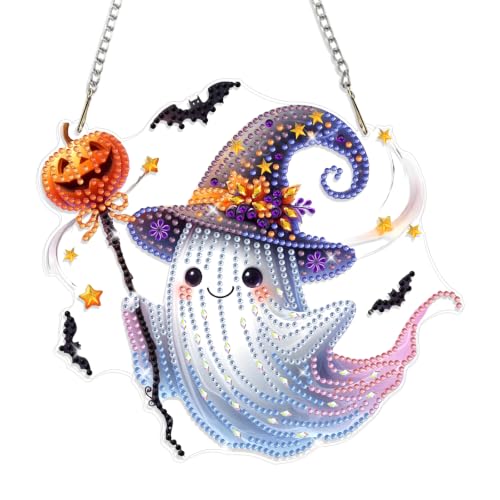 Genius maker Halloween Ghost Diamond Art Hanging Ornaments Kits for Adults, Fall Diamond Painting Pendant Kits, DIY Acrylic 5D Special Shaped Crystal Gem Art Painting Ornament for Home Decor 8x8 Inch - color: AS105