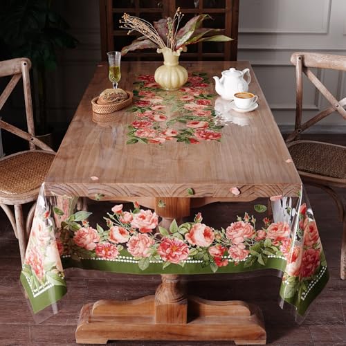 Clear Table Protector Cover Vinyl Rose PVC Tablecloth, 52"x70" | Dining Room, Kitchen Meals, Tabletop Protection, Easy Cleanup, Brunch, Parties, Holiday Gatherings, Everyday Use - color: Rose, size: 52" x 70" (Rectangular)