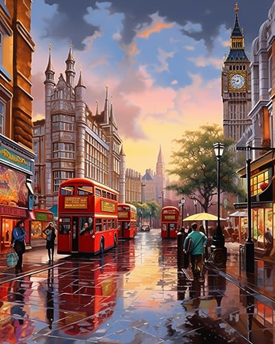 London Street Landscape Paint by Numbers Kits 16x20 inch Canvas DIY Oil Painting for Kids, Students, Adults Beginner with Brushes and Acrylic Pigment - Bus Town Bell Scenery Photo Gift(without Frame) - color: Scenery 02, size: 16''x20''(Frameless)