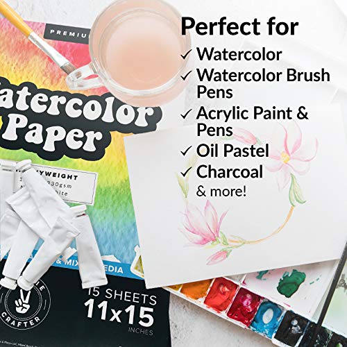 Watercolor Paper Pad, 2 Pack, 140lb Cold Pressed White Heavy Paper for Watercolor Painting, Markers, and Pens, 11" x 15", 15 Large Sheets Each, Ideal for Artists and Sketching - size: 11" x 15"- 2 Pack