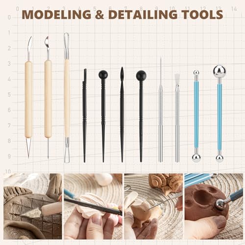 23PCS Clay Tools Sculpting, Ceramic & Pottery Modeling Tool, Ceramics Tools Set, Polymer Tools Kit, Air Dry Clay Tools for Carving, Molding, Pottery Wheel, Crafting Supplies, Pros, Beginners, Adults - color: Wood-23PCS