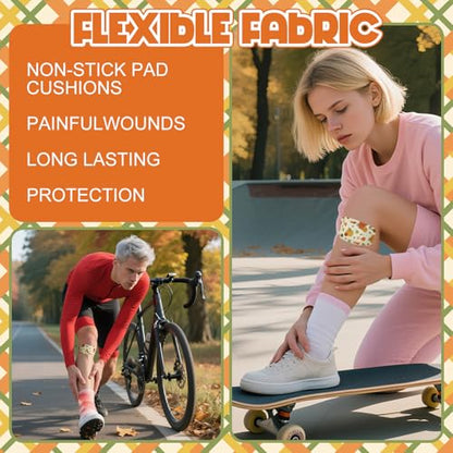 Geiserailie Large Flexible Fabric Bandages 2x4 Waterproof,Autumn | Cushioned Pad Protects Wounds and Cuts, Latex Free Bandages for Sensitive Skin, Stays Secure During Daily Activities - style: Autumn