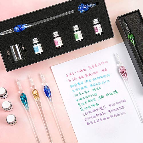 Crystal Glass Intarsia Dip Pen Fountain Pen Kit Vintage Calligraphy Signatures Pen with 4 Colors Ink, Pen Holder, Cleaning Cup, Light blue - color: light blue