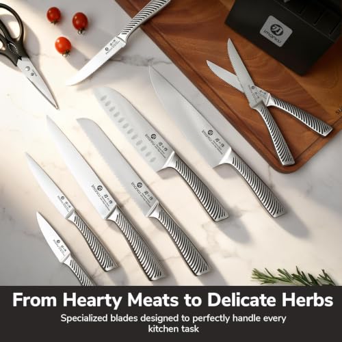 Imarku 14-Piece Japanese Gyutou Stainless Steel Knife Set with Block | 15° Precision Edge | 56±2 HRC Hardness | Full-Tang Build for Perfect Balance | Built-in Sharpener for Easy Maintenance - color: Pure Black