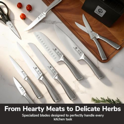 Imarku 14-Piece Japanese Gyutou Stainless Steel Knife Set with Block | 15° Precision Edge | 56±2 HRC Hardness | Full-Tang Build for Perfect Balance | Built-in Sharpener for Easy Maintenance - color: Pure Black