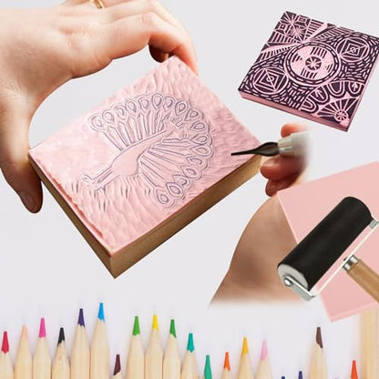 10 Pack Rubber Stamp Making Kit - Block Printing Kit，Linoleum Carving Tools with 8 Type Blades, 8 Pcs Pink Rubber Carving Block and Rubber Brayer Roller - size: 4x6inch-10pcs-kit-pink