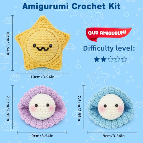 WaldyWop Crochet Kit for Beginners: 3Pcs Ocean Friends Wobbles Crochet Animal Kit for Starter Adults - Dly StressRelief Ball w/ 40% Extra Yarn, Easy Video & Instructions - Christmas Gift for Women - color: Star
