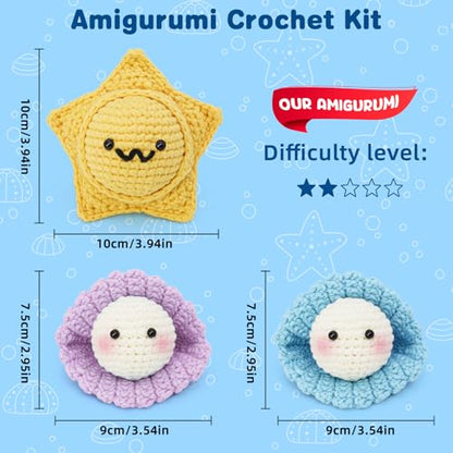WaldyWop Crochet Kit for Beginners: 3Pcs Ocean Friends Wobbles Crochet Animal Kit for Starter Adults - Dly StressRelief Ball w/ 40% Extra Yarn, Easy Video & Instructions - Christmas Gift for Women - color: Star