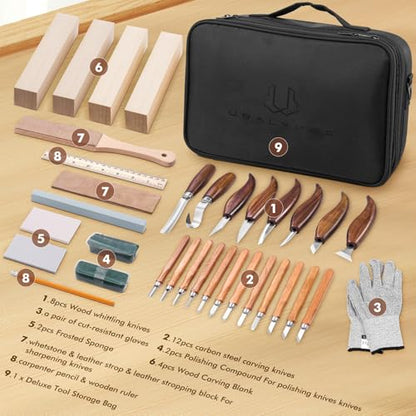 Wood Carving Kit Deluxe, 35-in-1 Whittling Kit for Beginners, With 8PCS Whittling Knives & 12PCS Detail Wood Carving Knives, Black Walnut Wood Handle, Wood Carving Kit for Beginners and Enthusiasts